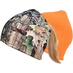 Womens Reversible Windproof Fleece Beanie Ponytail Hole Outdoor Hiking Hunting